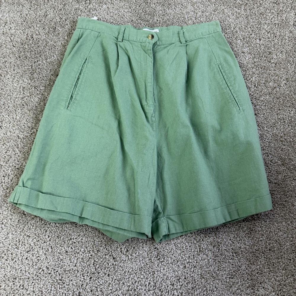 Vintage White Stag Bermuda Shorts Womens 14 Green Linen Pleated Pockets Casual